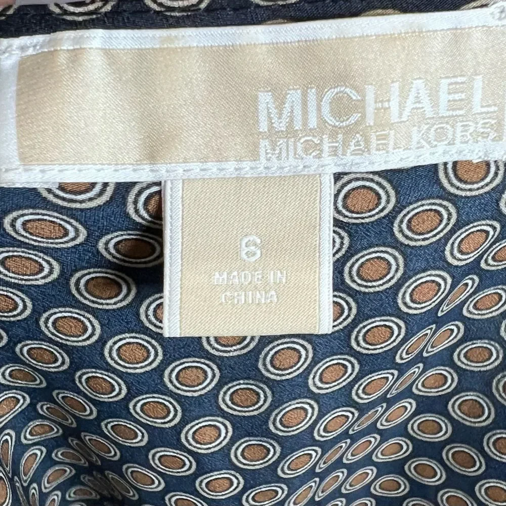 Michael Kors navy and brown geometric print blouse top size 6